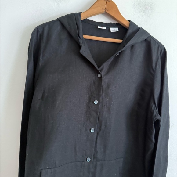 Real Clothes 100% Linen Black Hooded Button-Up Shirt | - Picture 5 of 11